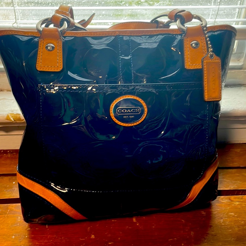 Coach Peyton embossed zippered tote  LEATHER BLUE WITH SADDLE LEATHER TRIM